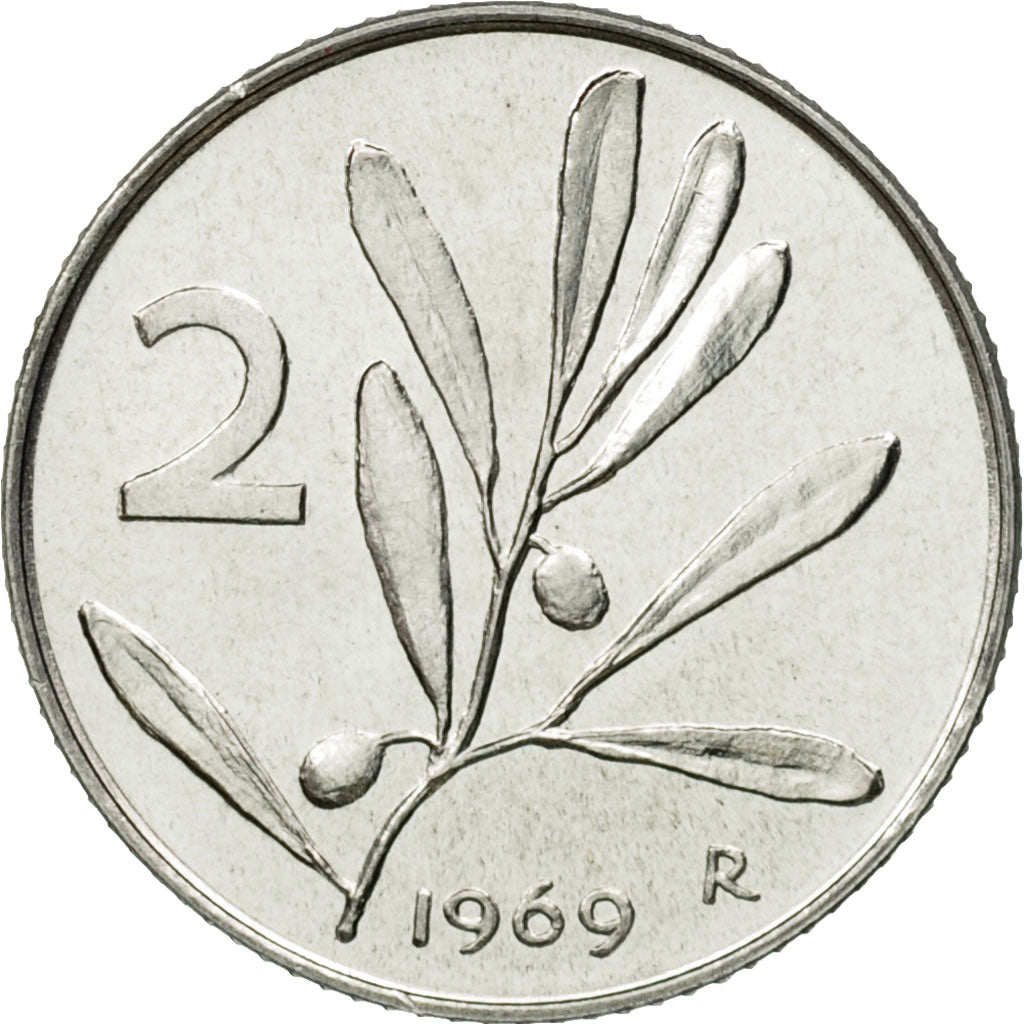 Coin, Italy, 2 Lire, 1969, Rome, MS(65-70), Aluminum, KM:94