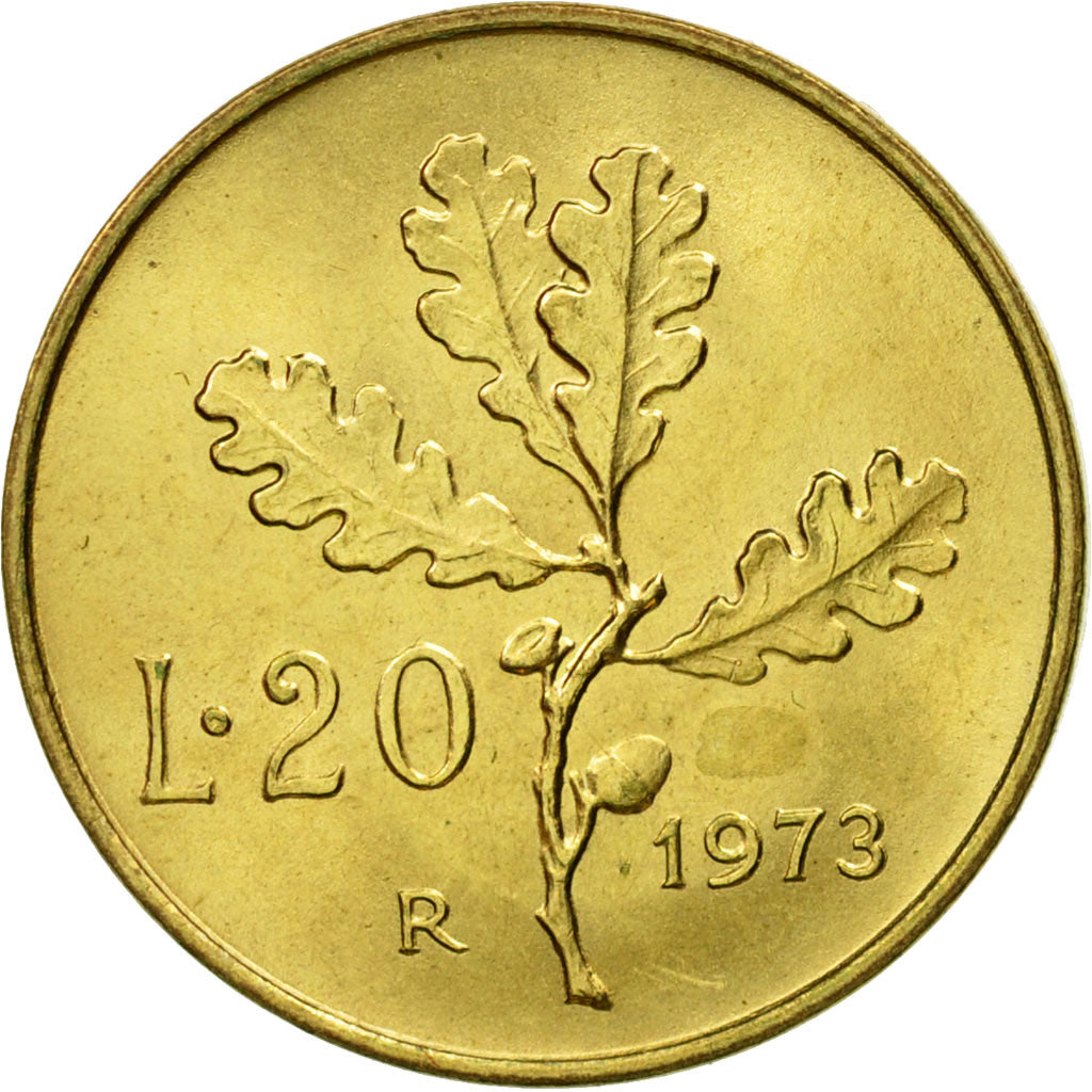 Coin, Italy, 20 Lire, 1973, Rome, MS(63), Aluminum-Bronze, KM:97.2
