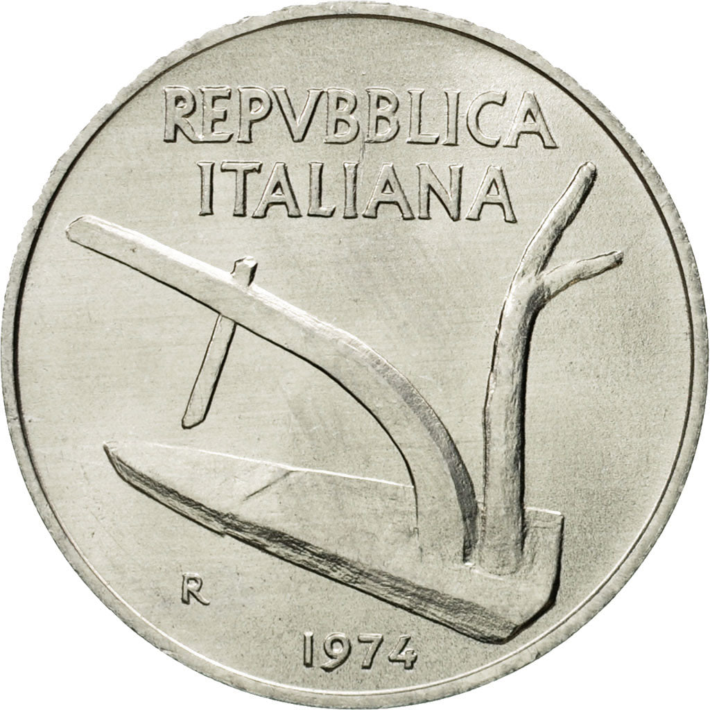 Coin, Italy, 10 Lire, 1974, Rome, MS(60-62), Aluminum, KM:93