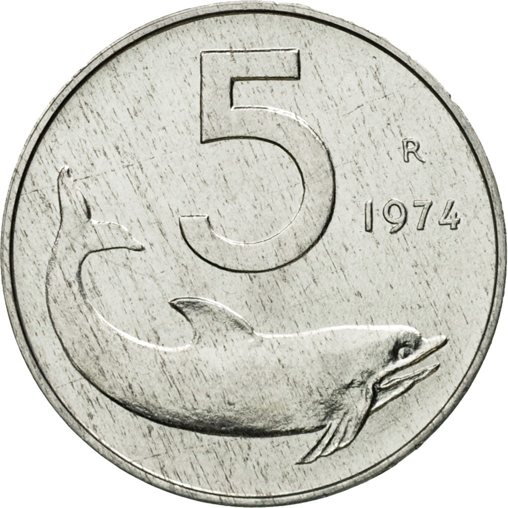 Coin, Italy, 5 Lire, 1974, Rome, MS(60-62), Aluminum, KM:92