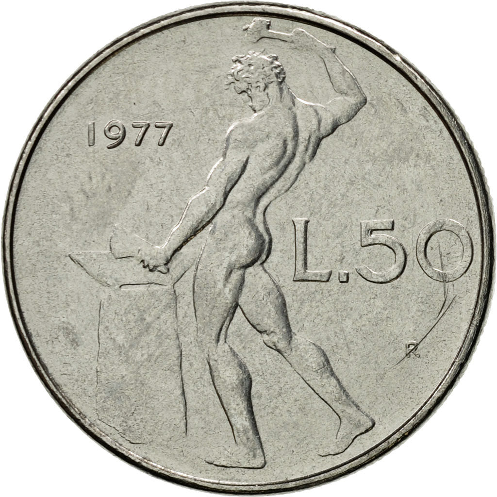 Coin, Italy, 50 Lire, 1977, Rome, MS(60-62), Stainless Steel, KM:95.1