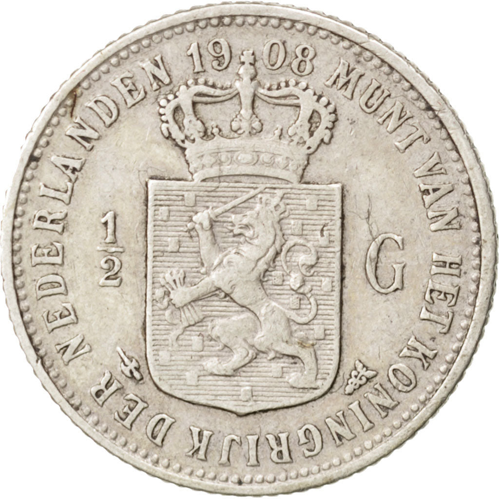 NETHERLANDS, 1/2 Gulden, 1908, KM #121.2, EF(40-45), Silver, 22, 4.97