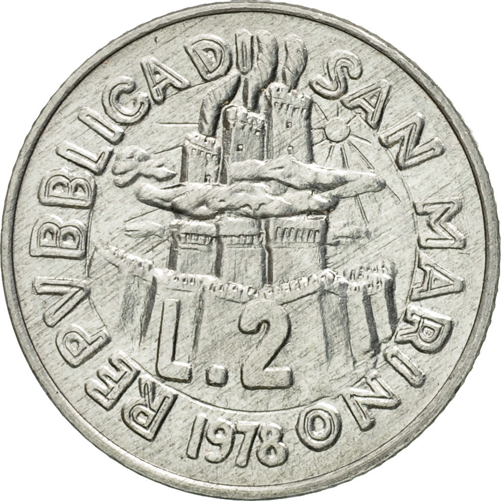 Coin, San Marino, 2 Lire, 1978, Rome, MS(60-62), Aluminum, KM:77