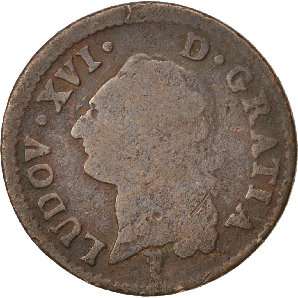 FRANCE, Sol ou sou, Sol, 1789, Bordeaux, KM #578.8, F(12-15), Copper, Gadoury...