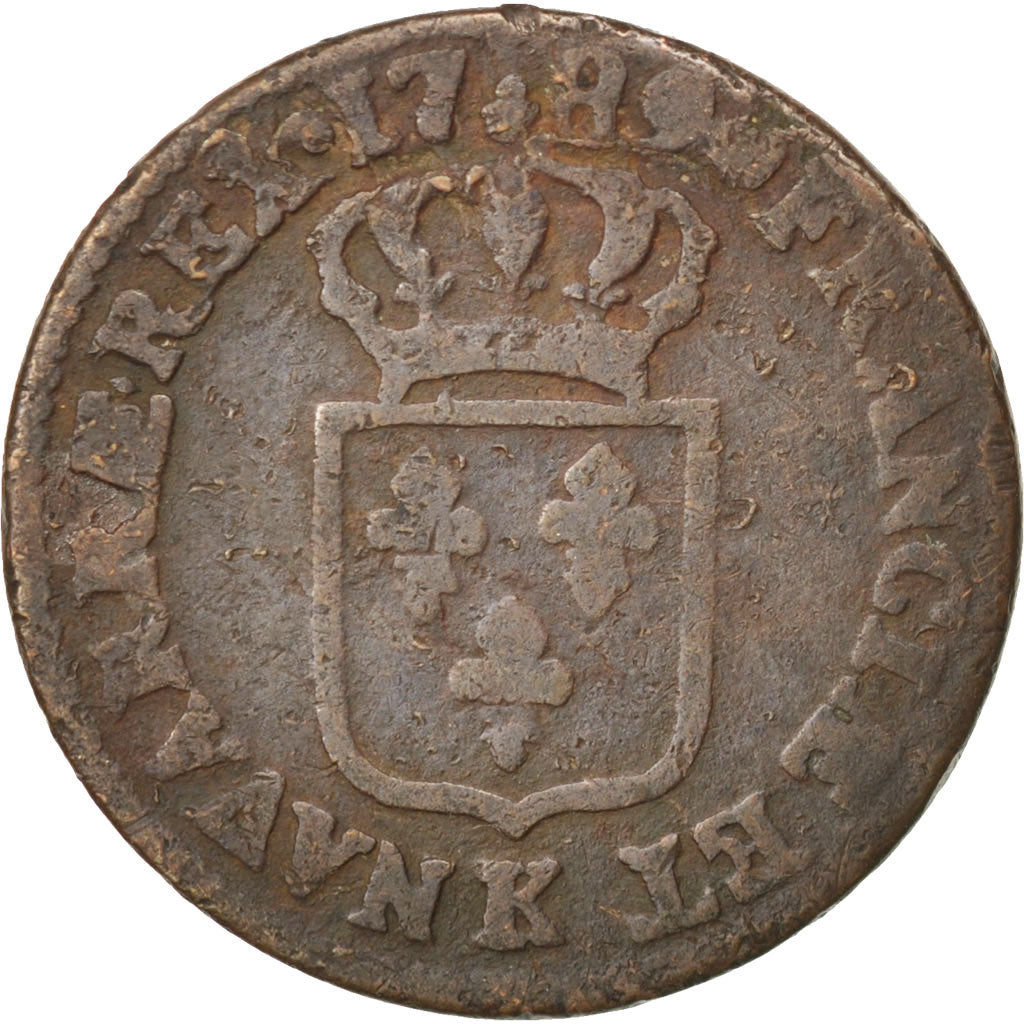 FRANCE, Sol ou sou, Sol, 1789, Bordeaux, KM #578.8, F(12-15), Copper, Gadoury...