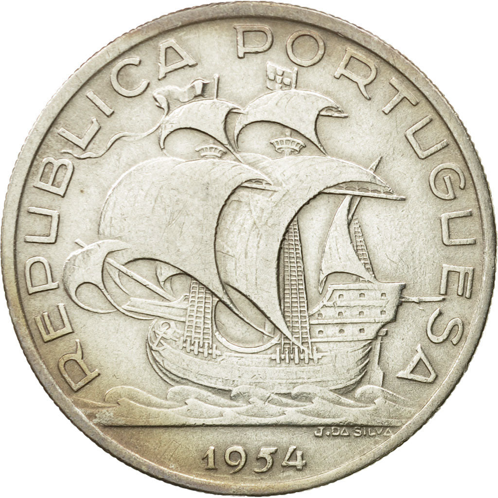 Coin, Portugal, 10 Escudos, 1954, EF(40-45), Silver, KM:586