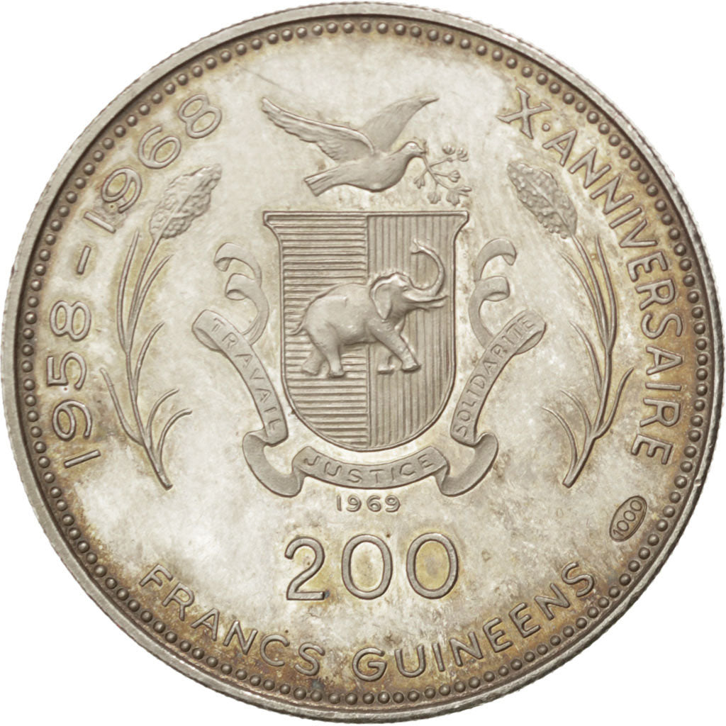 GUINEA, 200 Francs, 1969, KM #10, MS(65-70), Silver, 11.71