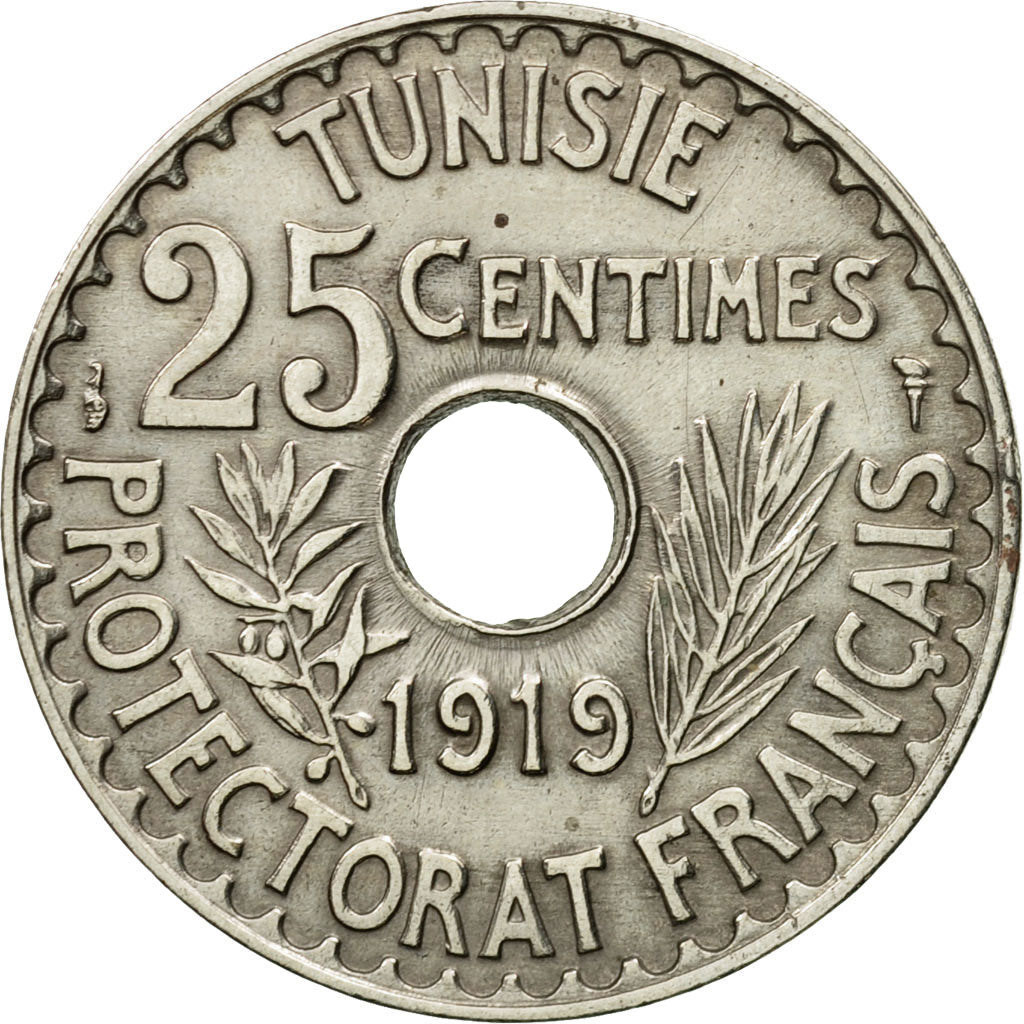 Coin, Tunisia, Muhammad al-Nasir Bey, 25 Centimes, 1919, Paris, AU(55-58)