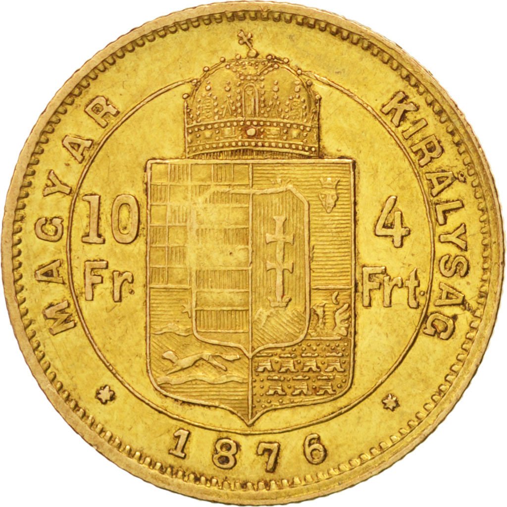 HUNGARY, 8 Forint 20 Francs, 1876, Kremnitz, KM #455.1, EF(40-45), Gold, 3.20