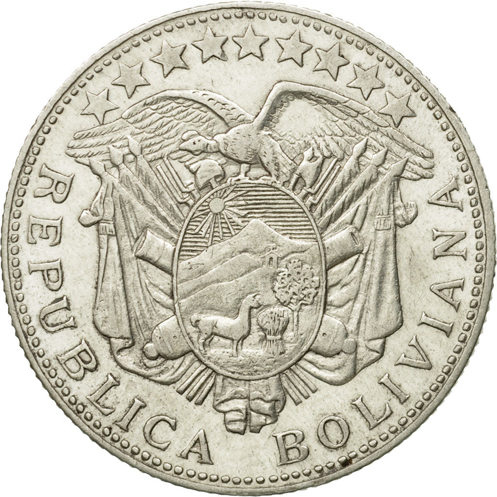 Moneda, Bolivia, 50 Centavos, 1/2 Boliviano, 1900, Santiago, MBC+, Plata