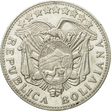 Moneda, Bolivia, 50 Centavos, 1/2 Boliviano, 1900, Santiago, MBC+, Plata