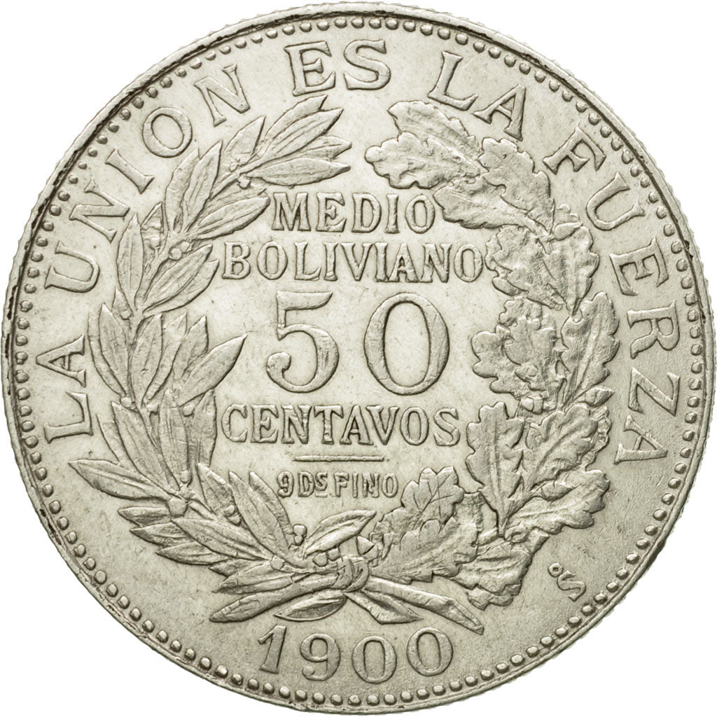 Moneda, Bolivia, 50 Centavos, 1/2 Boliviano, 1900, Santiago, MBC+, Plata