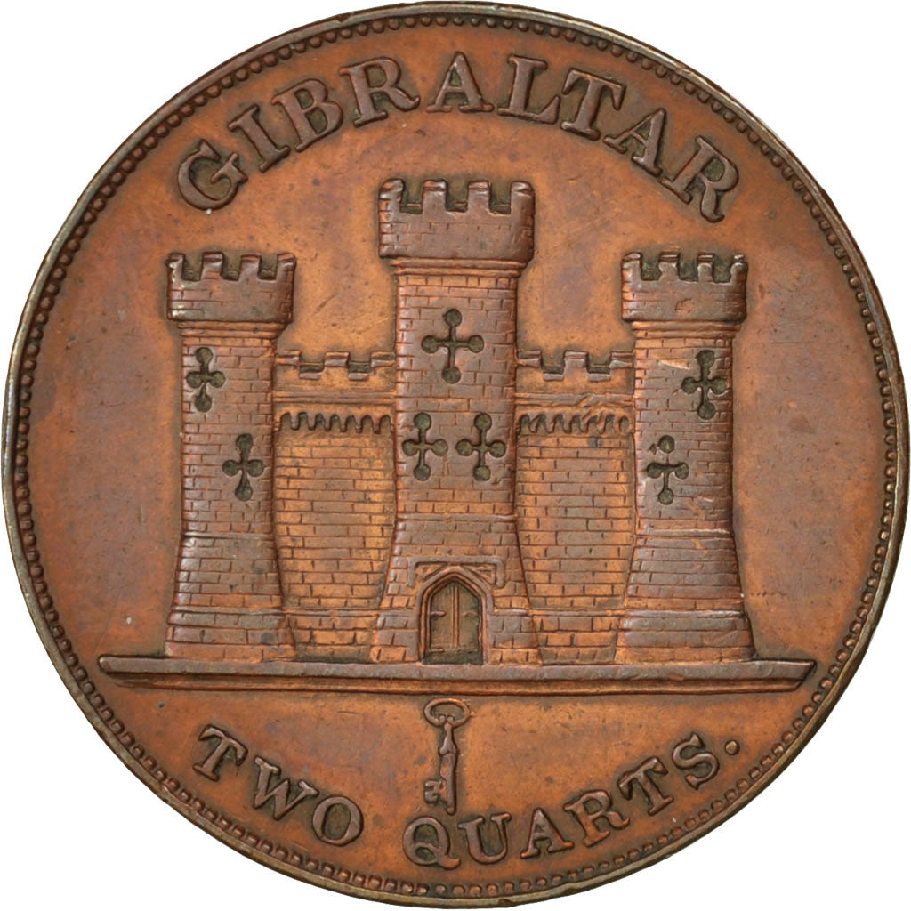 GIBRALTAR, 2 Quarts, 1842, KM #3, MS(60-62), Copper, 10.43