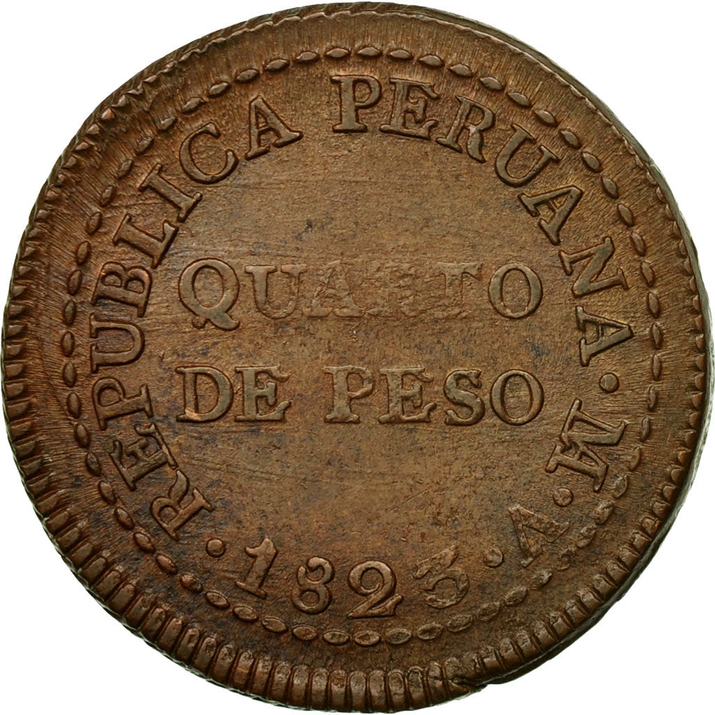 Moneda, Perú, 1/4 Peso, Quarto De; 2 Reales, 1823, Lima, MBC+, Cobre, KM:138
