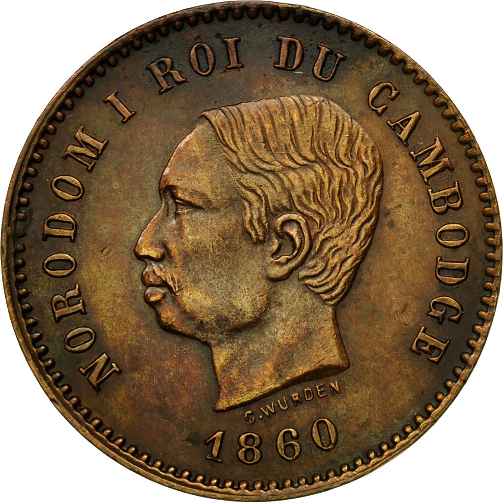 Coin, Cambodia, 5 Centimes, 1860, AU(55-58), Bronze, Lecompte:14