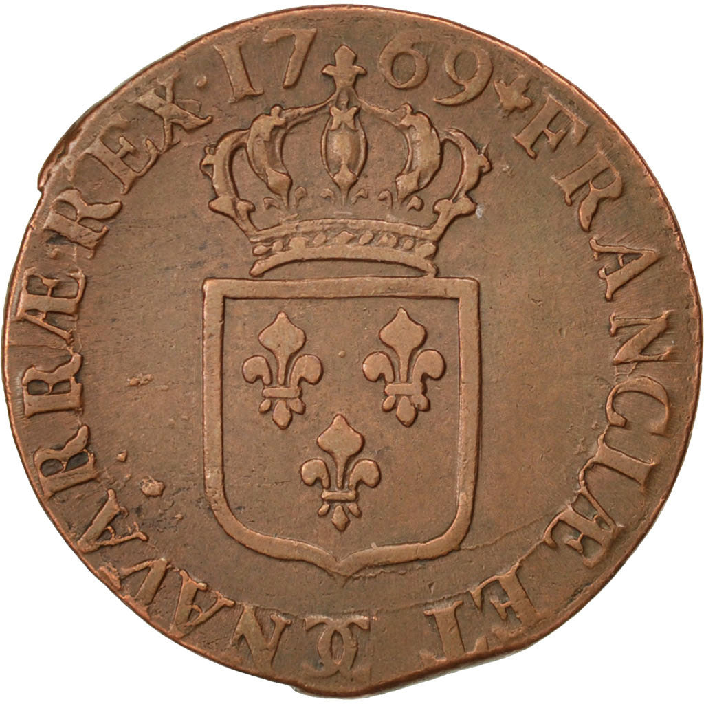 FRANCE, Sol à la vieille tête, Sol, 1769, Besan, KM #545.13, AU(50-53), Copper,