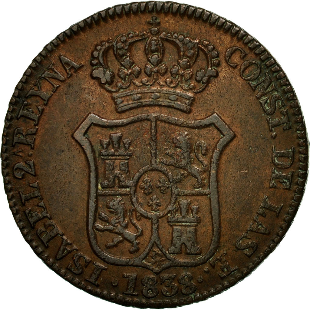 Moneta, Spagna, CATALONIA, Isabel II, 3 Quartos, 1838, Madrid, BB+, Rame, KM:126