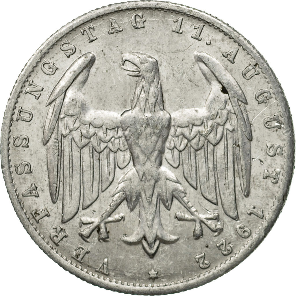 Coin, GERMANY, WEIMAR REPUBLIC, 3 Mark, 1922, Stuttgart, EF(40-45), Aluminum