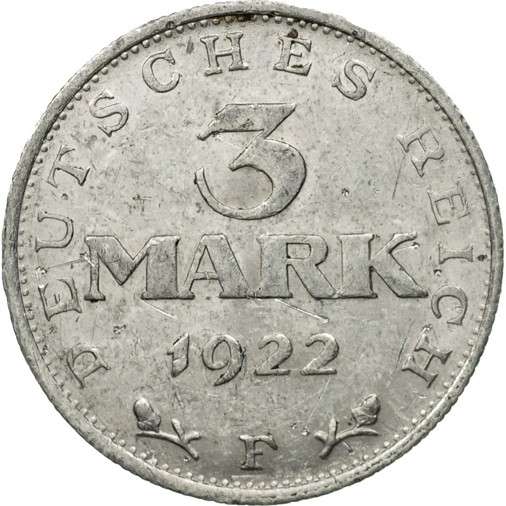 Coin, GERMANY, WEIMAR REPUBLIC, 3 Mark, 1922, Stuttgart, EF(40-45), Aluminum