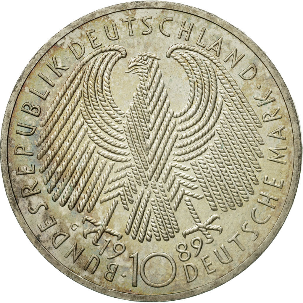 Moneta, Niemcy - RFN, 10 Mark, 1989, Karlsruhe, Germany, AU(55-58), Srebro