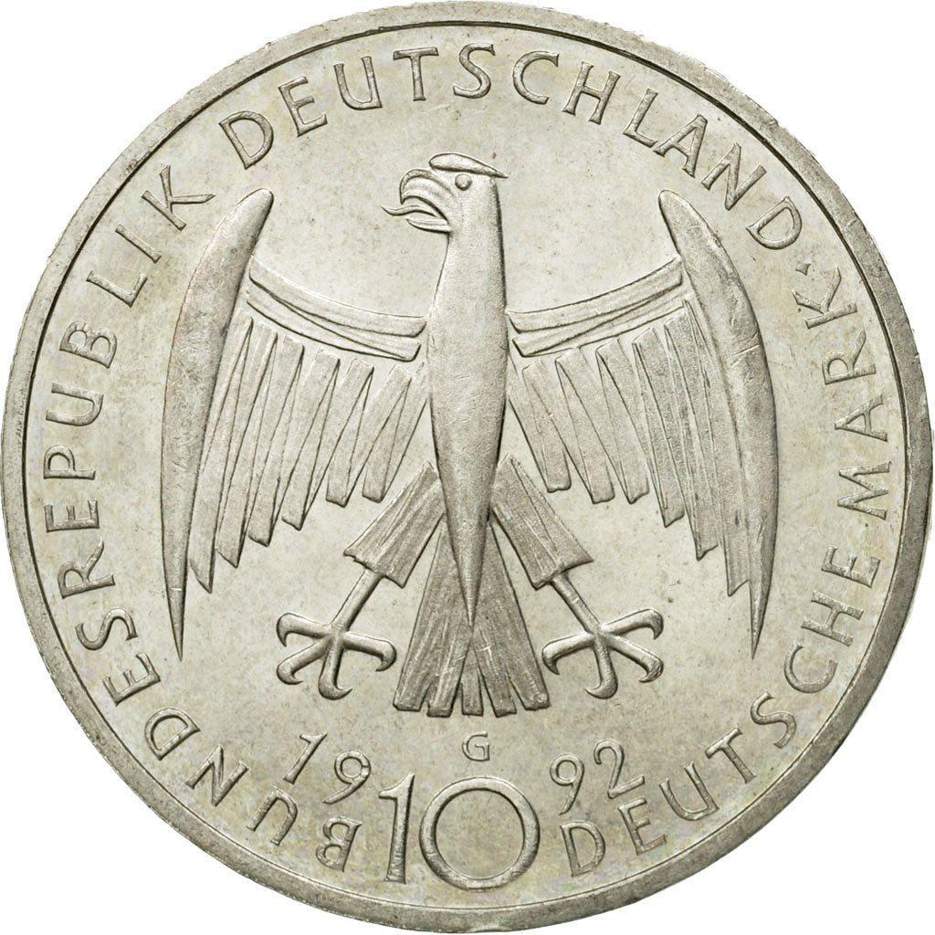 Moneta, Niemcy - RFN, 10 Mark, 1992, Karlsruhe, Germany, MS(63), Srebro, KM:178