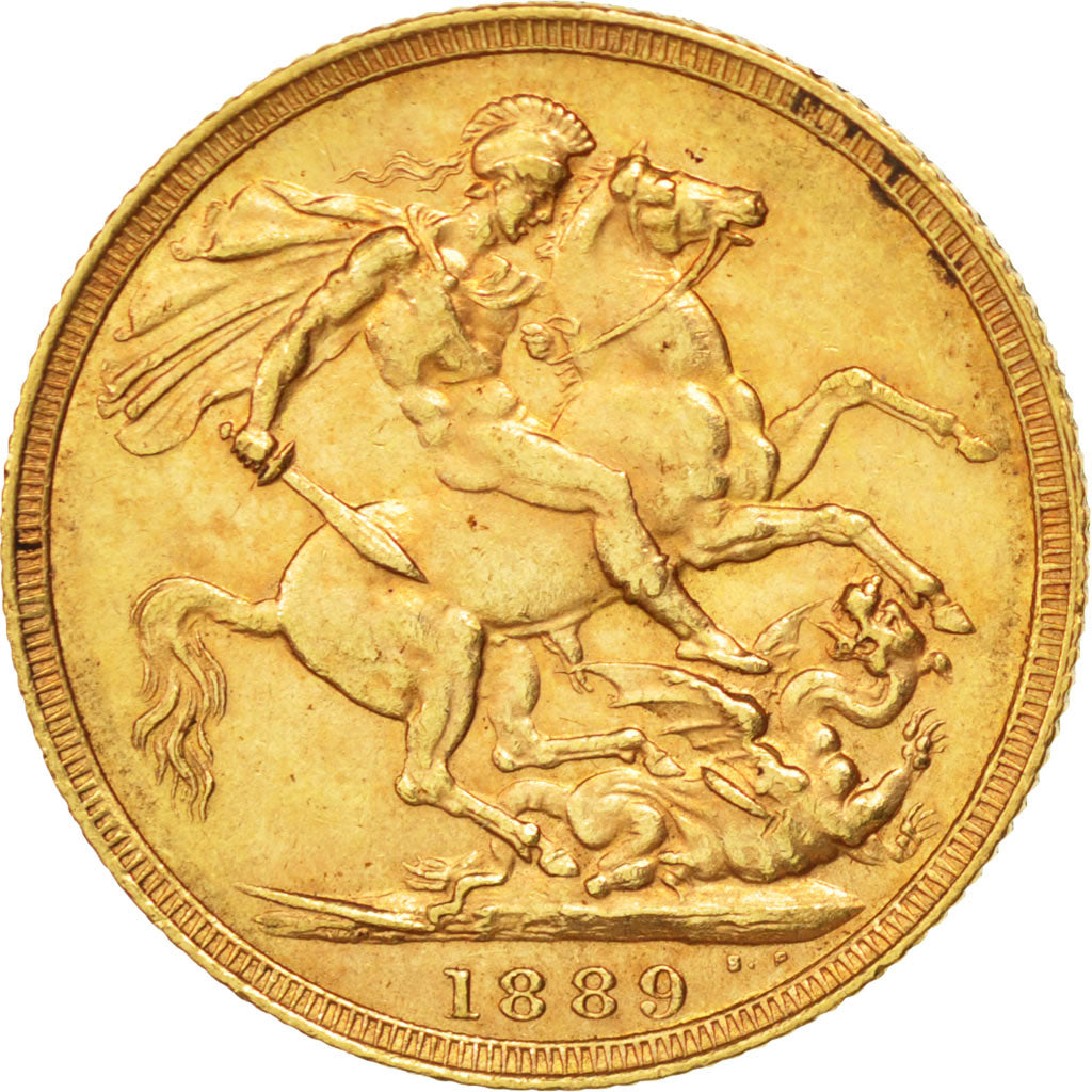 GREAT BRITAIN, Sovereign, 1889, KM #767, AU(55-58), Gold, 7.98