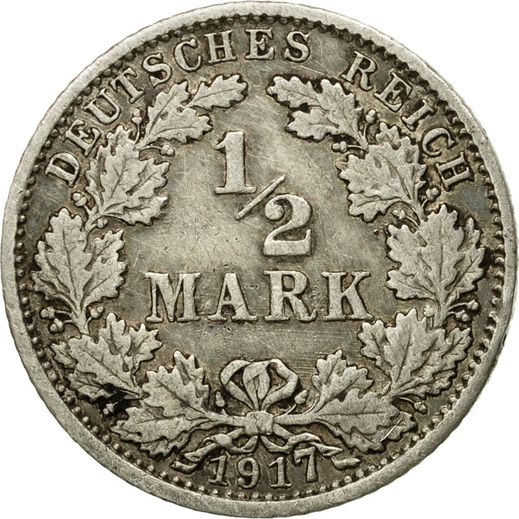 Coin, GERMANY - EMPIRE, 1/2 Mark, 1917, Karlsruhe, EF(40-45), Silver, KM:17