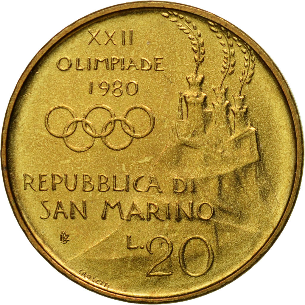 Münze, San Marino, 20 Lire, 1980, Rome, VZ+, Aluminum-Bronze, KM:106