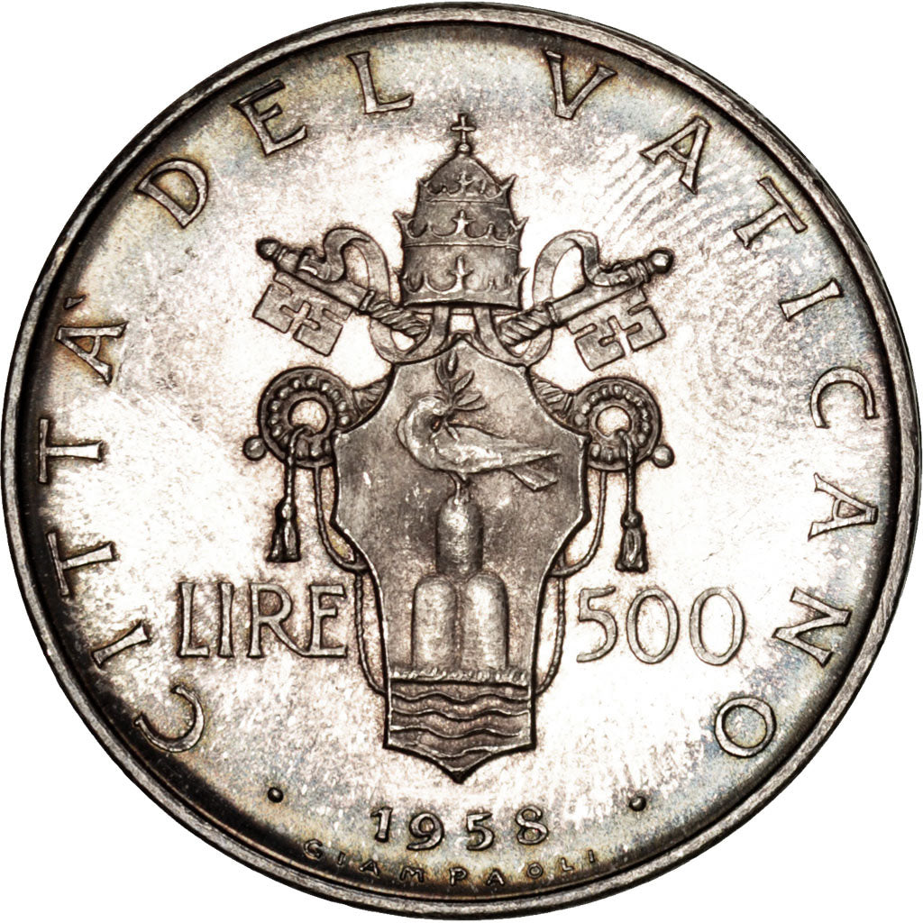 VATICAN CITY, 500 Lire, 1958, KM #56, MS(63), Silver, 29, 10.98
