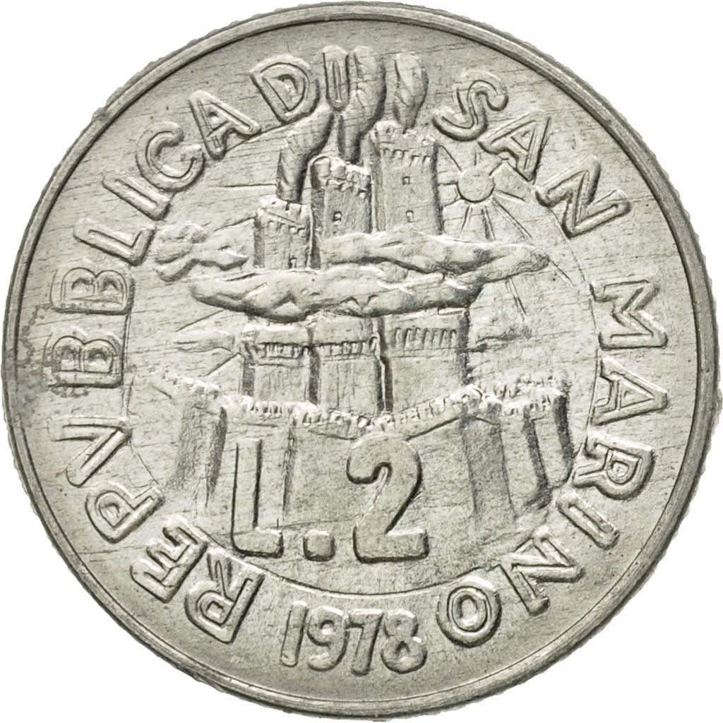 Coin, San Marino, 2 Lire, 1978, Rome, MS(60-62), Aluminum, KM:77