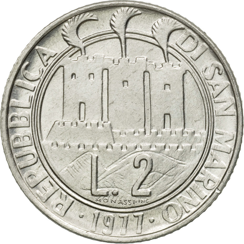 Coin, San Marino, 2 Lire, 1977, Rome, MS(63), Aluminum, KM:64