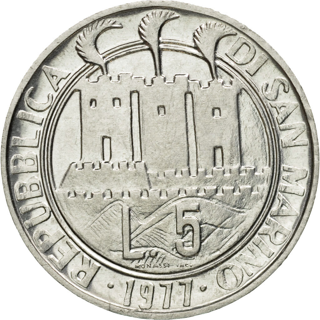 Coin, San Marino, 5 Lire, 1977, Rome, MS(63), Aluminum, KM:65