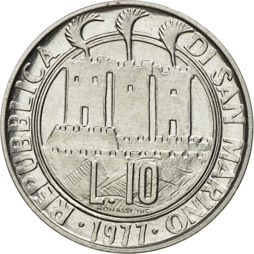 Coin, San Marino, 10 Lire, 1977, Rome, MS(63), Aluminum, KM:66