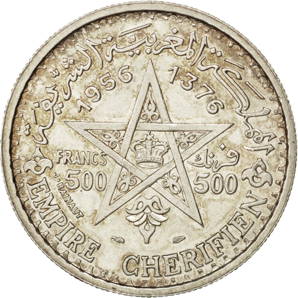 Coin, Morocco, Mohammed V, 500 Francs, 1956, MS(60-62), Silver, KM:54