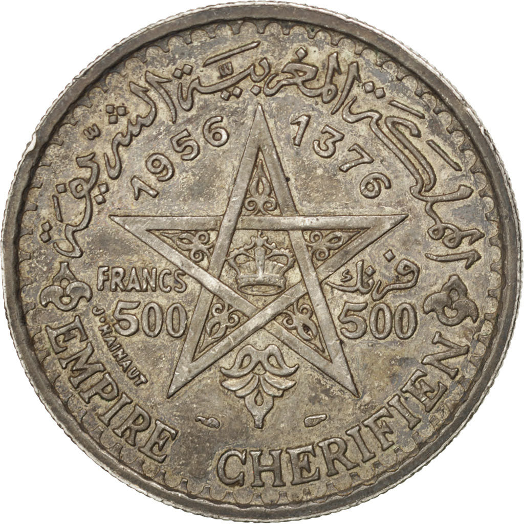 MOROCCO, 500 Francs, 1956, Paris, KM #54, EF(40-45), Silver, 38, 22.50