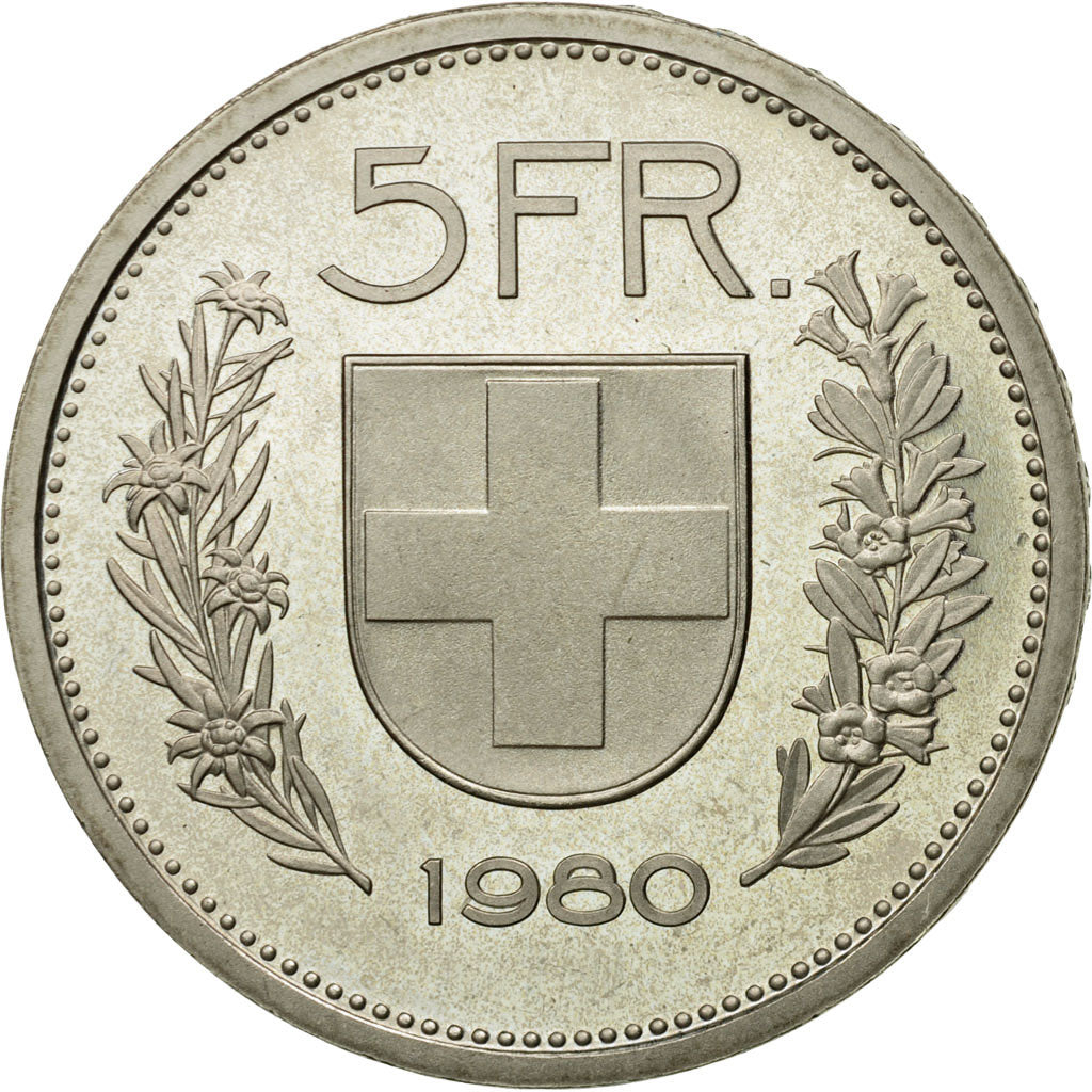 Coin, Switzerland, 5 Francs, 1980, Bern, MS(63), Copper-nickel, KM:40a.1