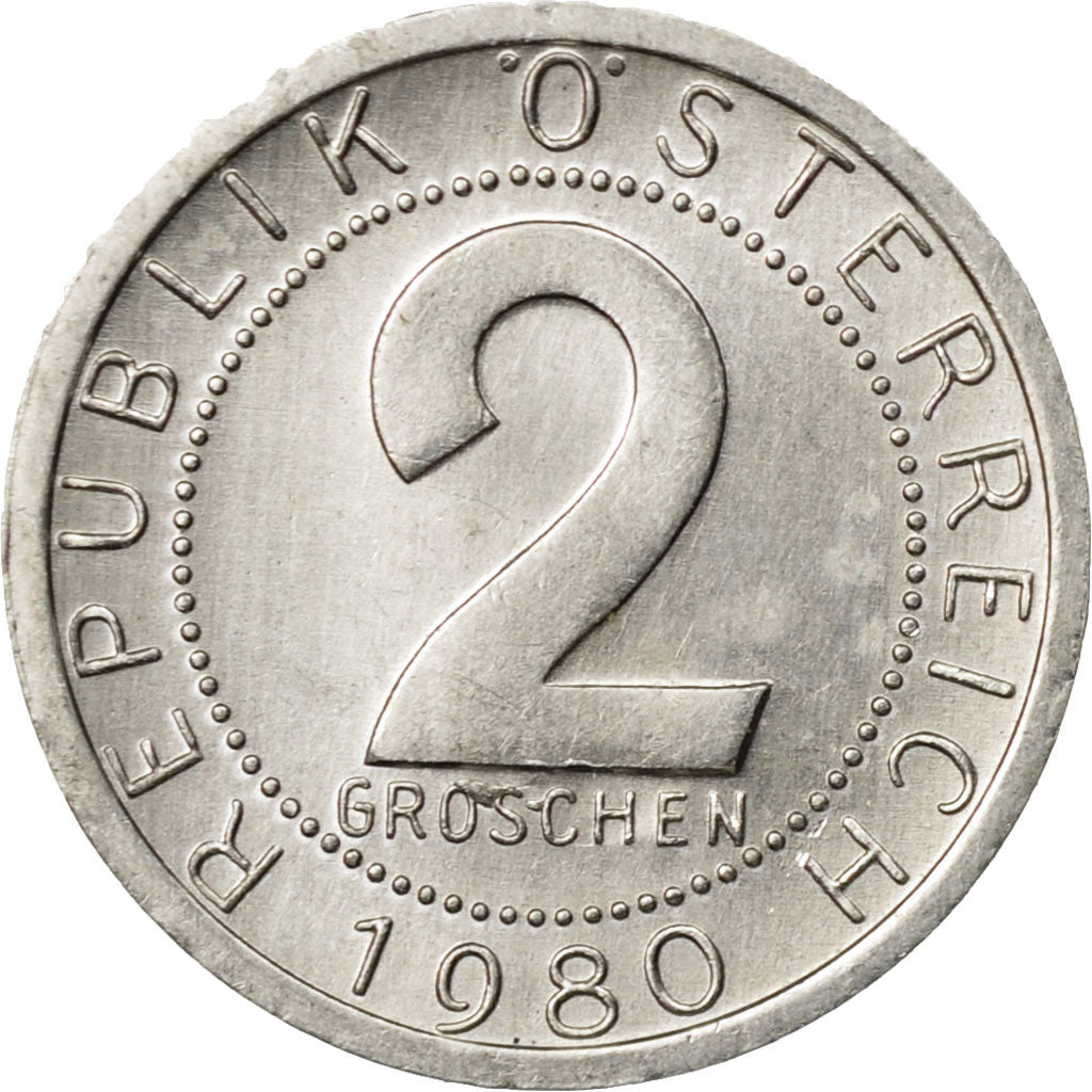 Coin, Austria, 2 Groschen, 1980, AU(50-53), Aluminum, KM:2876
