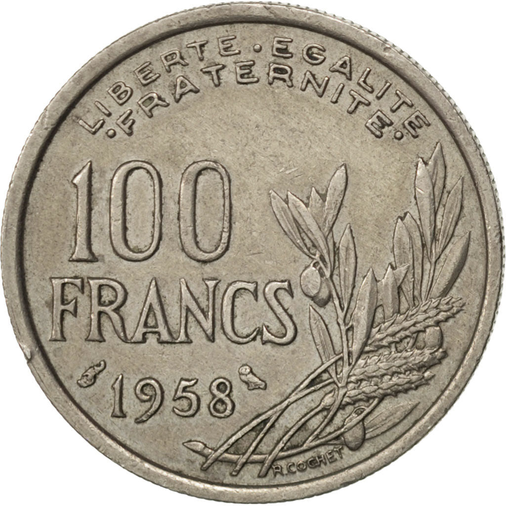 FRANCE, Cochet, 100 Francs, 1958, KM #919.1, EF(40-45), Copper-Nickel, 24,...