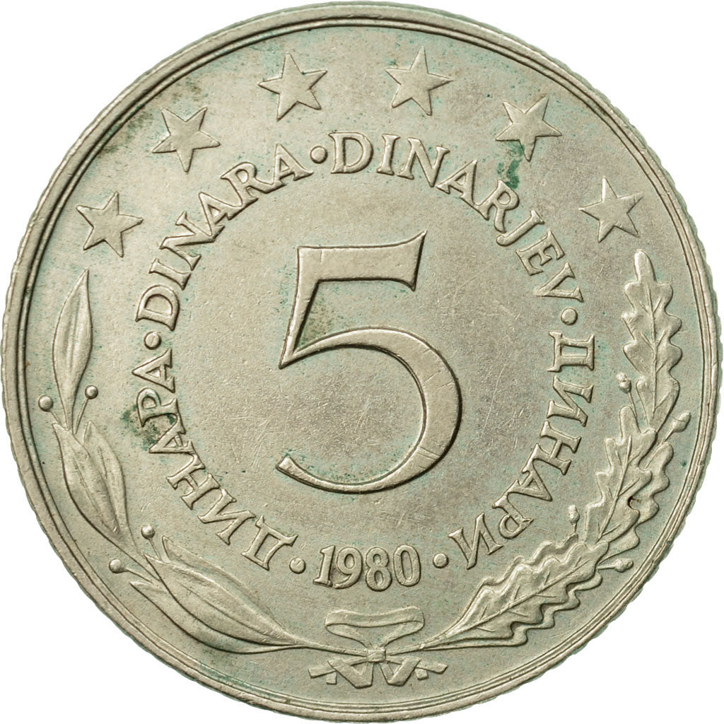 Coin, Yugoslavia, 5 Dinara, 1980, EF(40-45), Copper-Nickel-Zinc, KM:58