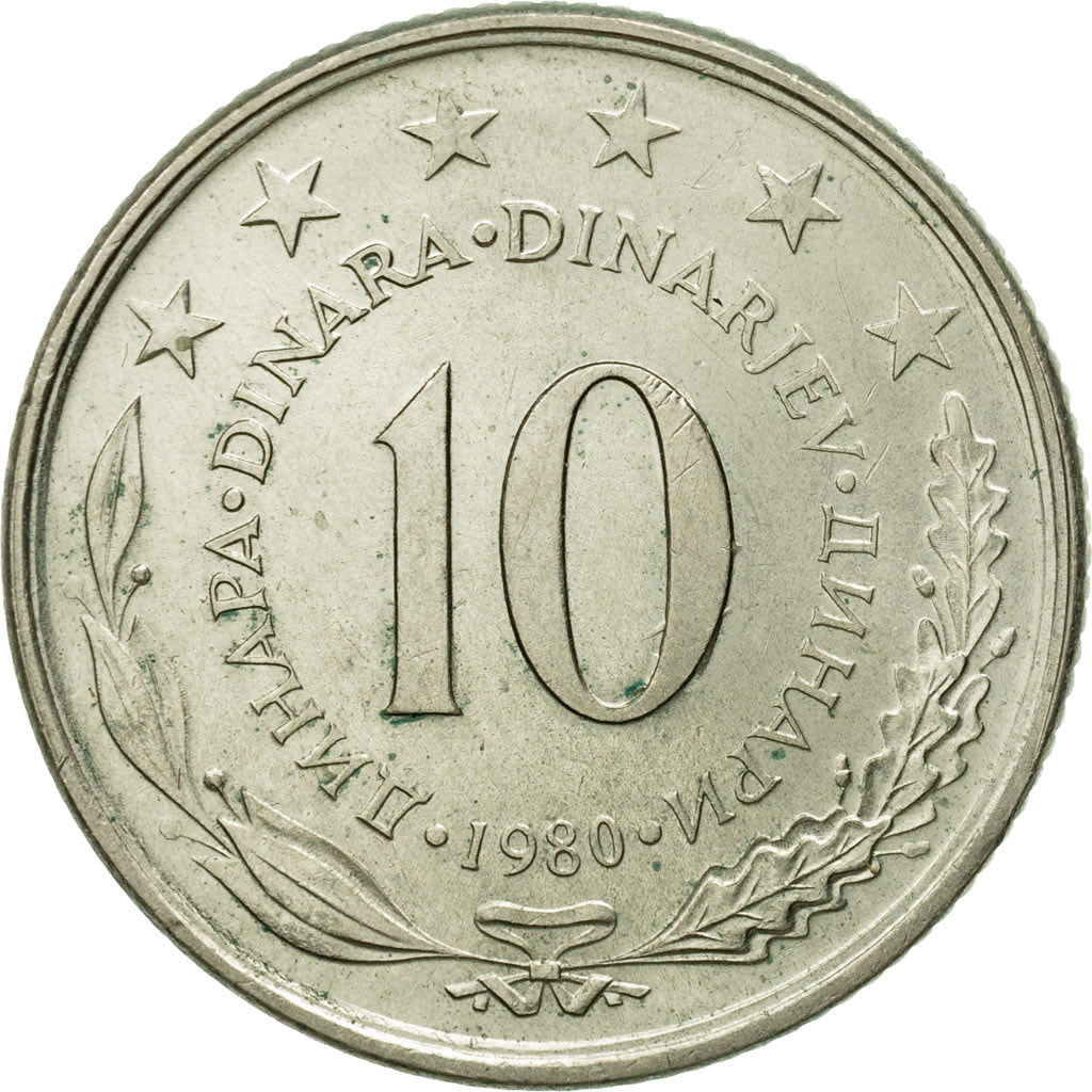 Coin, Yugoslavia, 10 Dinara, 1980, AU(55-58), Copper-nickel, KM:62