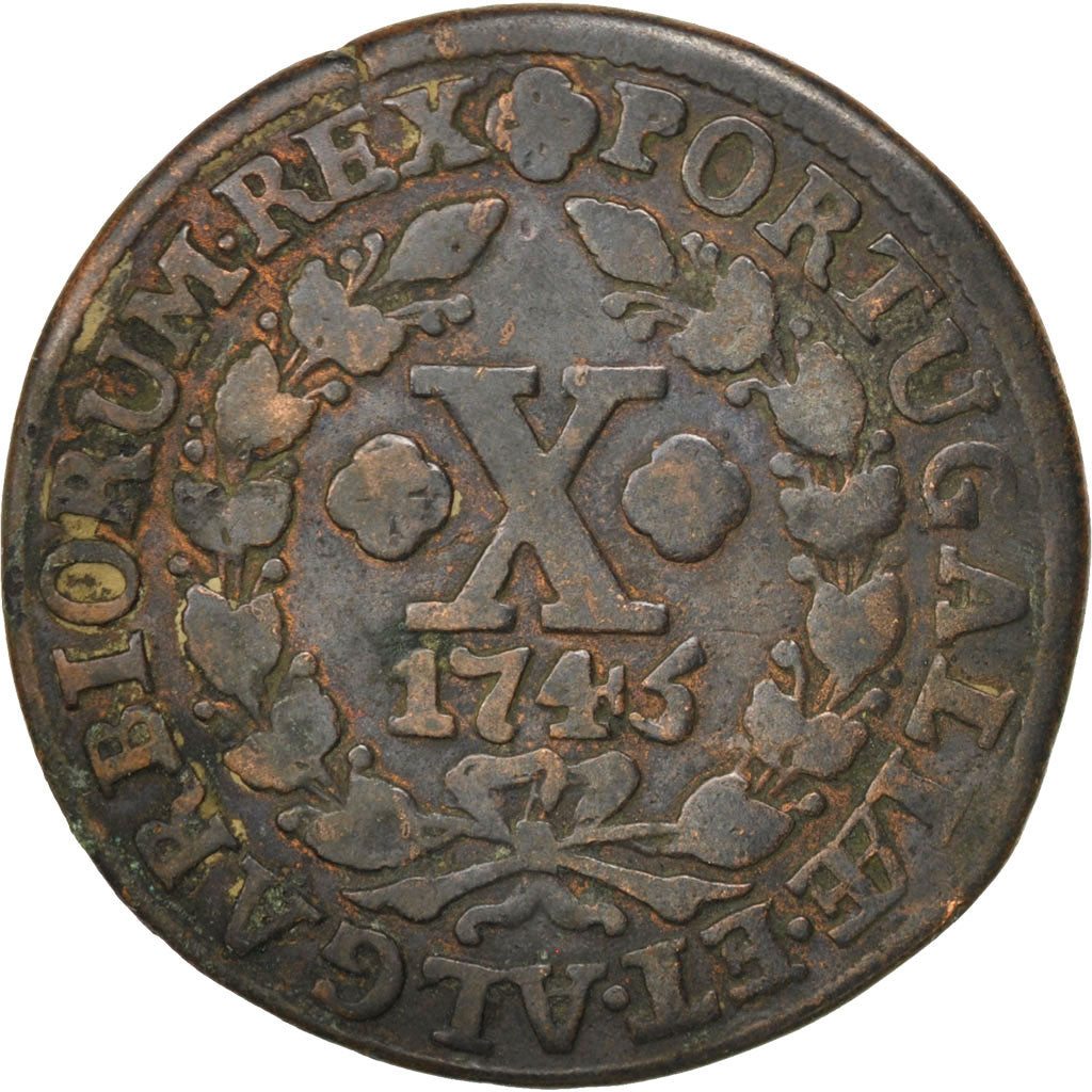 PORTUGAL, 10 Reis, X; 1/2 Vinten, 1745, KM #227, EF(40-45), Copper, 11.61