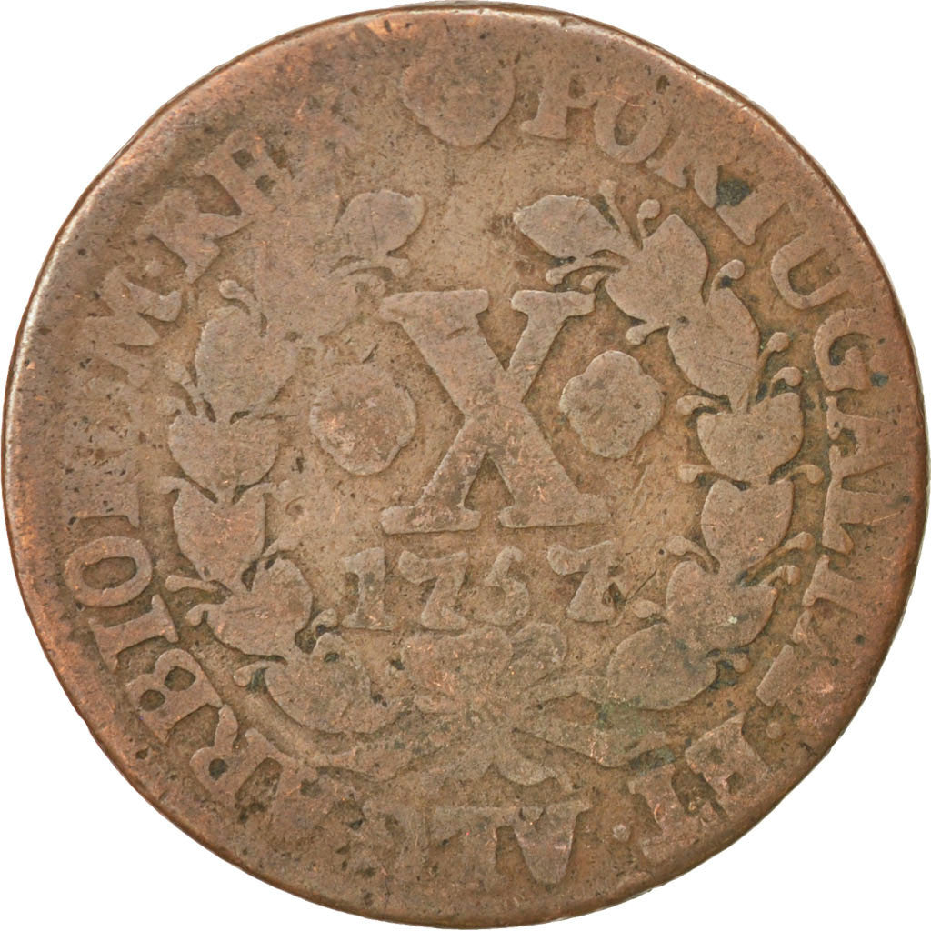 Coin, Portugal, Jose I, 10 Reis, X; 1/2 Vinten, 1757, F(12-15), Copper, KM:243.1