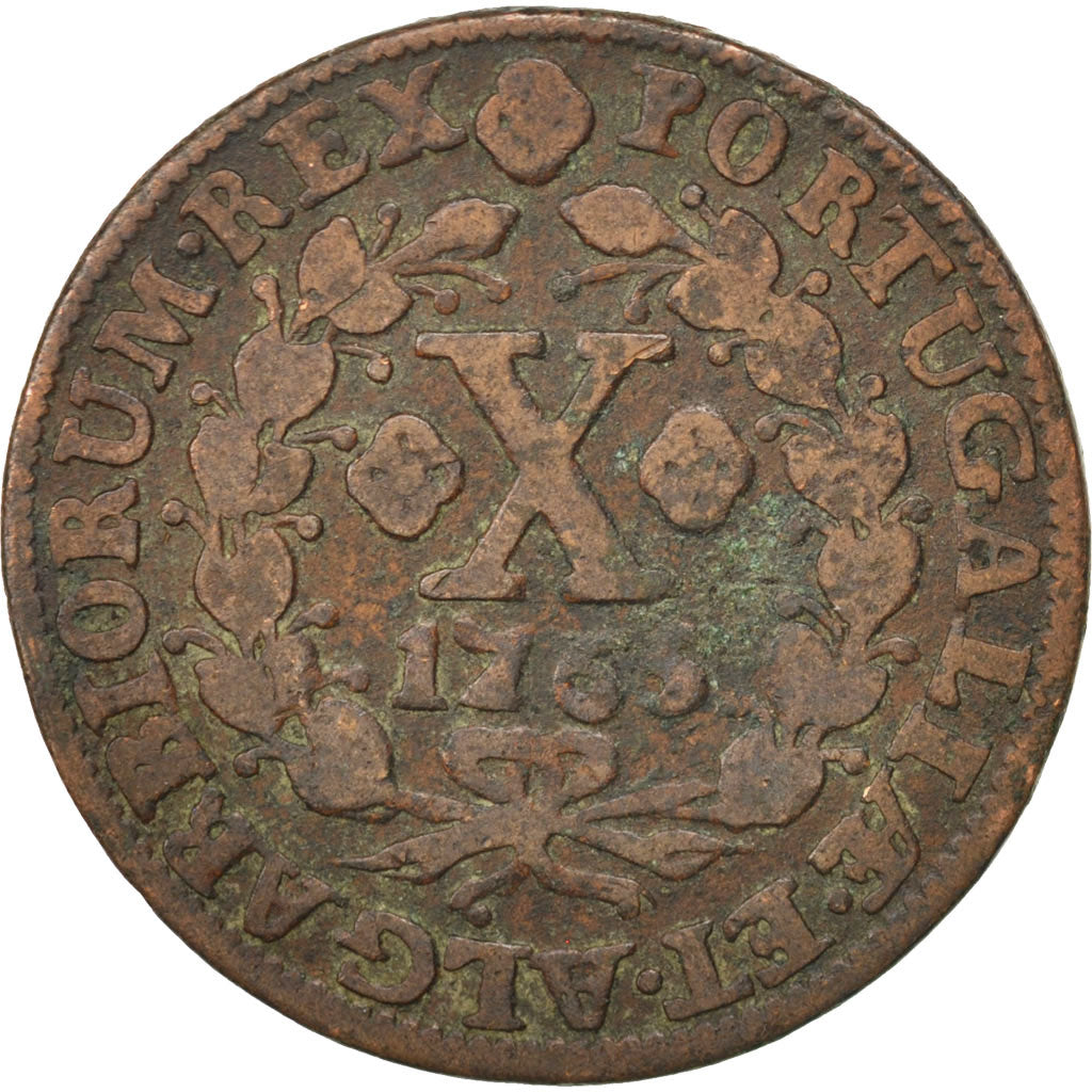 Münze, Portugal, Jose I, 10 Reis, X; 1/2 Vinten, 1765, S+, Kupfer, KM:243.2