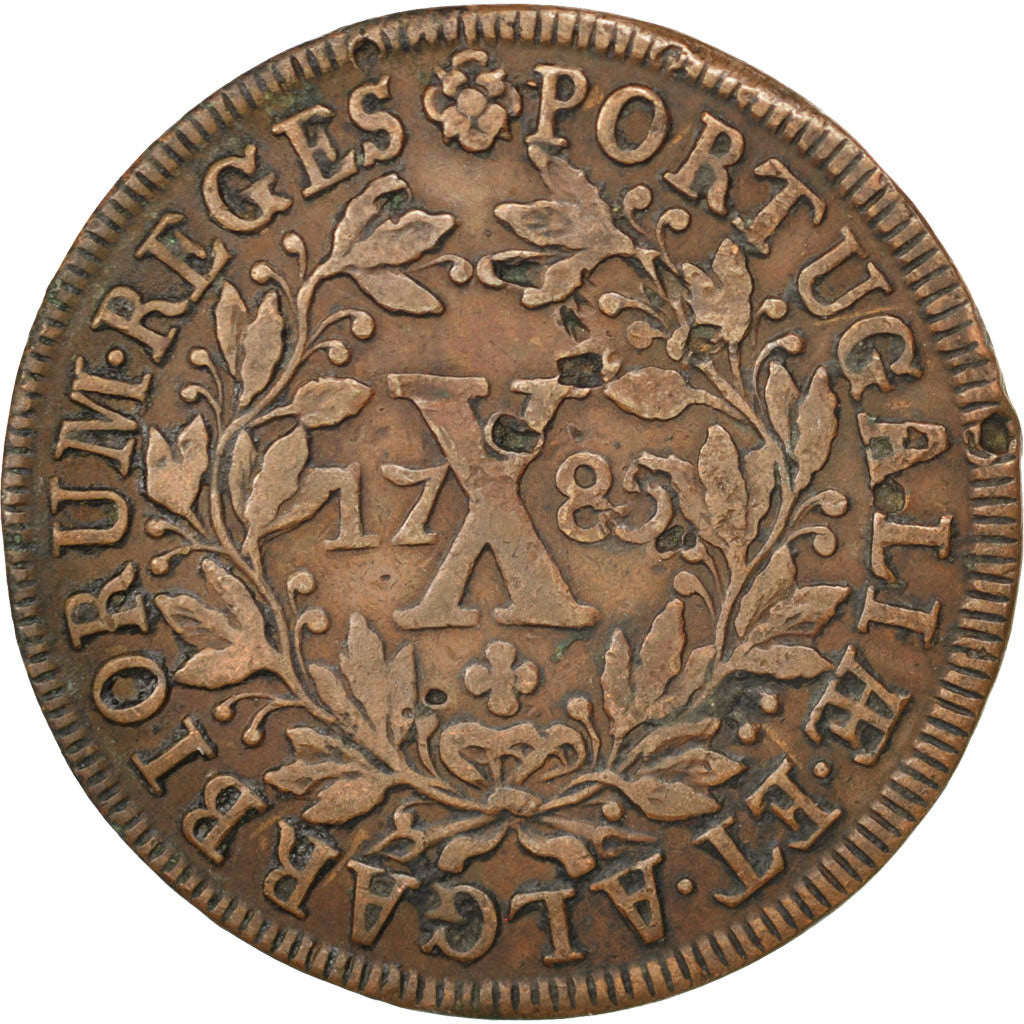 PORTUGAL, 10 Reis, X; 1/2 Vinten, 1785, KM #280, EF(40-45), Copper, 12.60