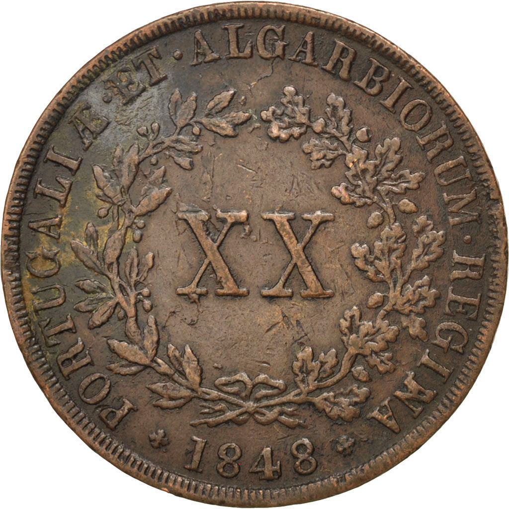 PORTUGAL, 20 Reis, 1848, KM #482, EF(40-45), Copper, 23.88