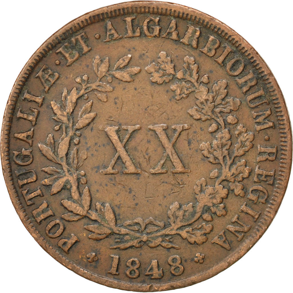 PORTUGAL, 20 Reis, 1848, KM #482, EF(40-45), Copper, 25.11