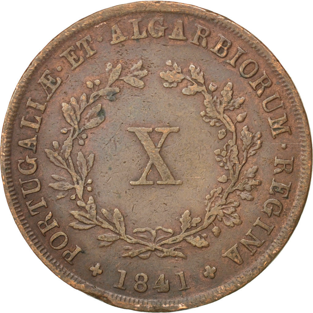 PORTUGAL, 10 Reis, 1841, KM #481, EF(40-45), Copper, 12.19