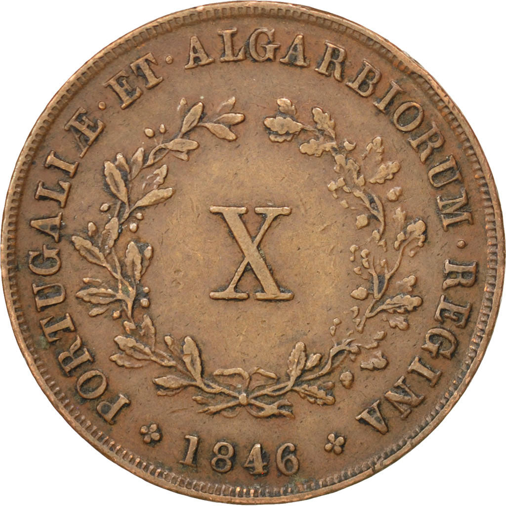 PORTUGAL, 10 Reis, 1846, KM #481, EF(40-45), Copper, 13.02