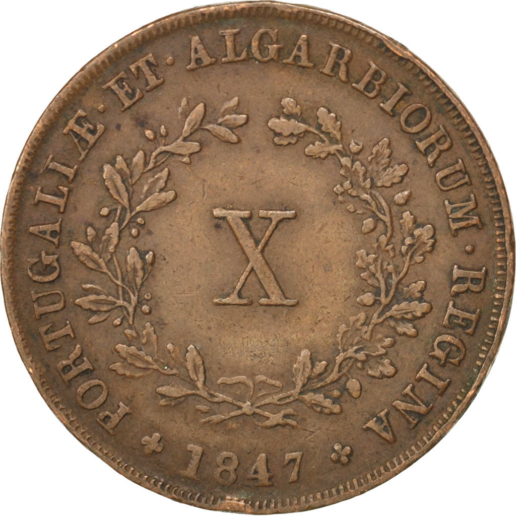 PORTUGAL, 10 Reis, 1847, KM #481, EF(40-45), Copper, 12.55