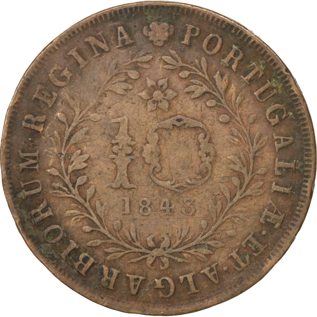 Moneta, Azzorre, 10 Reis, 1843, MB, Rame, KM:11